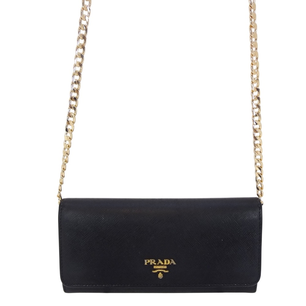 PRADA Black SLG Saffiano Leather Flap Long Wallet ID Holder Chain Includes COA - Picture 2 of 16